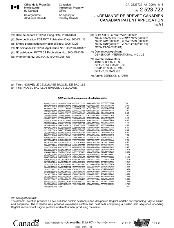 Canadian Patent Document 2523722. Cover Page 20060117. Image 1 of 1