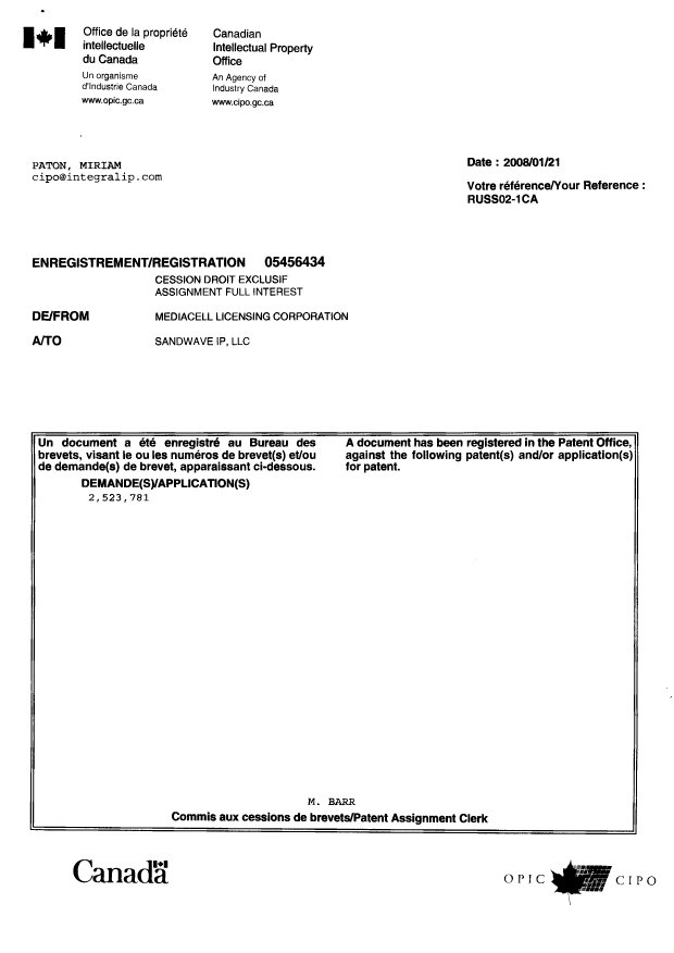 Canadian Patent Document 2523781. Correspondence 20080121. Image 1 of 1