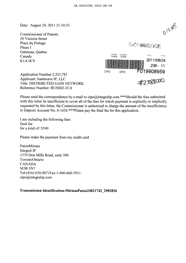 Canadian Patent Document 2523781. Correspondence 20110824. Image 1 of 1