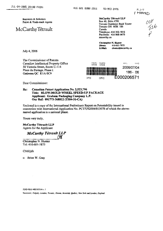 Canadian Patent Document 2523796. Prosecution-Amendment 20060704. Image 1 of 1