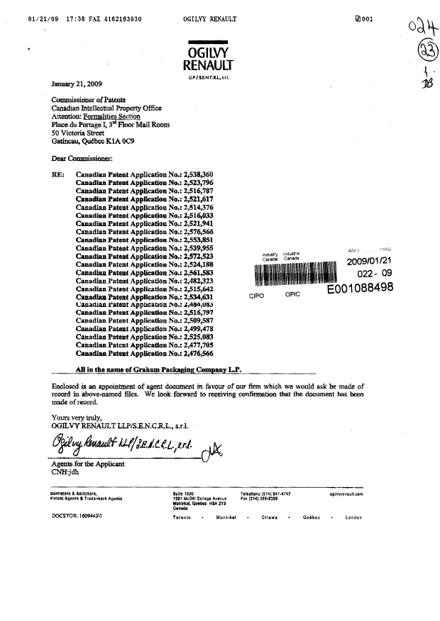 Canadian Patent Document 2523796. Correspondence 20090121. Image 1 of 3