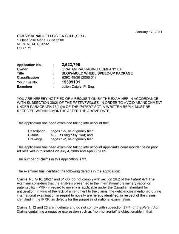 Canadian Patent Document 2523796. Prosecution-Amendment 20110117. Image 1 of 2