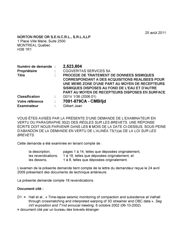 Canadian Patent Document 2523804. Prosecution-Amendment 20110825. Image 1 of 3