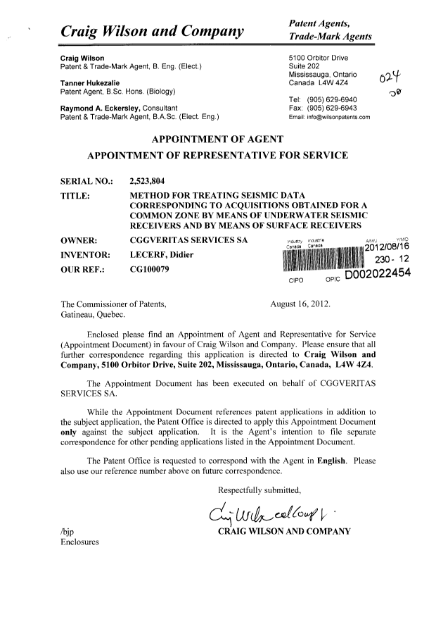 Canadian Patent Document 2523804. Correspondence 20120816. Image 1 of 4