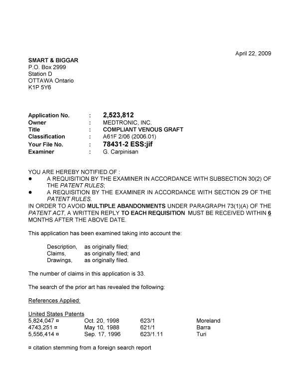 Canadian Patent Document 2523812. Prosecution-Amendment 20090422. Image 1 of 3