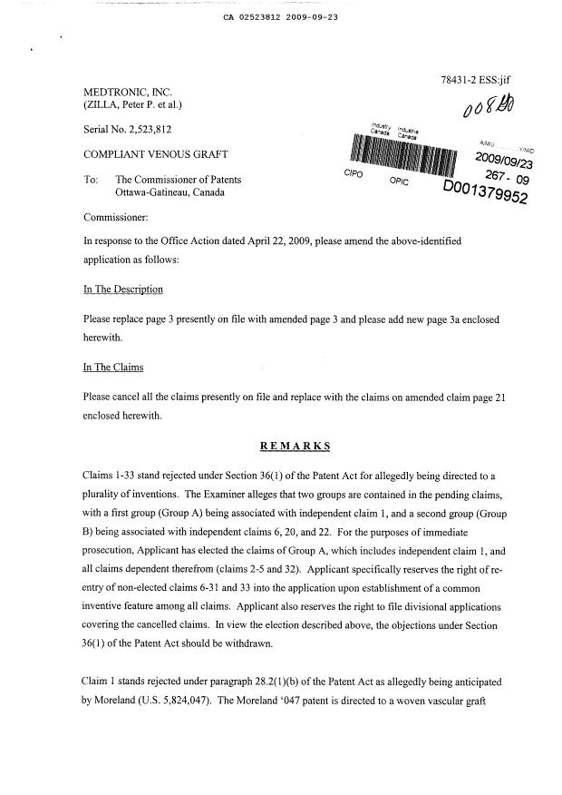 Canadian Patent Document 2523812. Prosecution-Amendment 20090923. Image 1 of 7