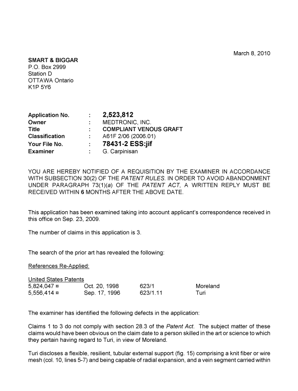 Canadian Patent Document 2523812. Prosecution-Amendment 20100308. Image 1 of 3