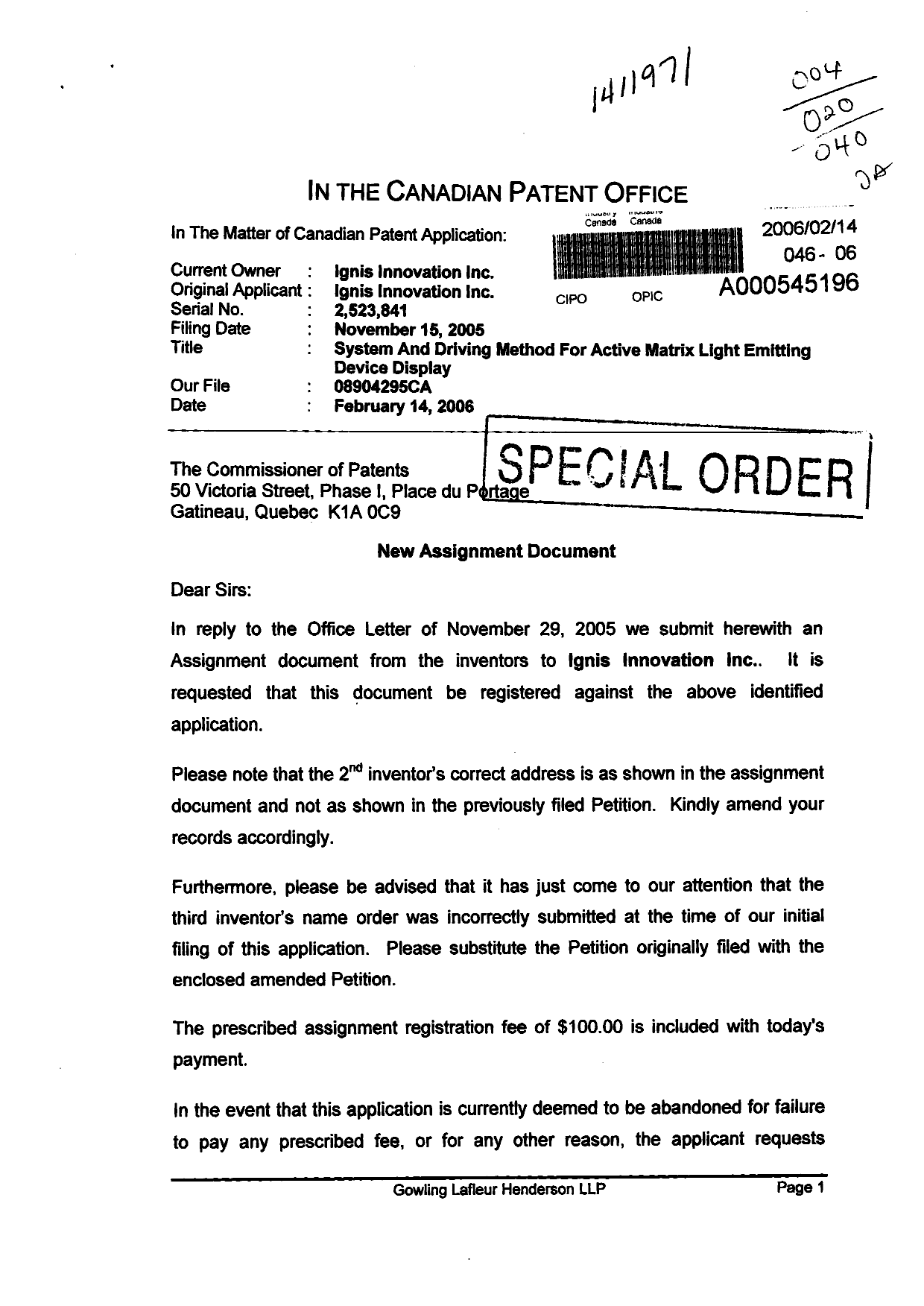 Document de brevet canadien 2523841. Cession 20060214. Image 1 de 5
