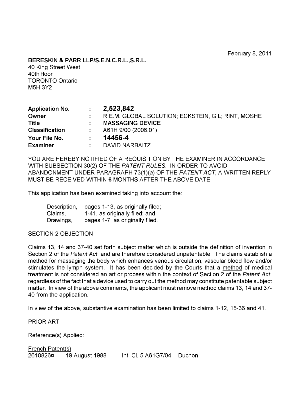Canadian Patent Document 2523842. Prosecution-Amendment 20110208. Image 1 of 3