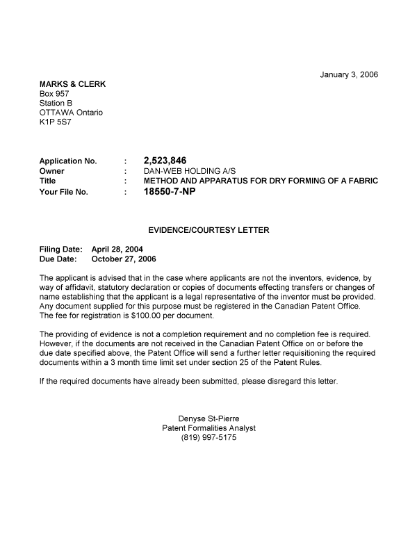 Canadian Patent Document 2523846. Correspondence 20051228. Image 1 of 1