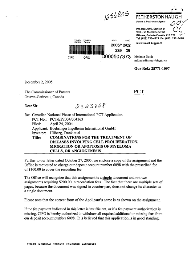Document de brevet canadien 2523868. Cession 20051202. Image 1 de 9
