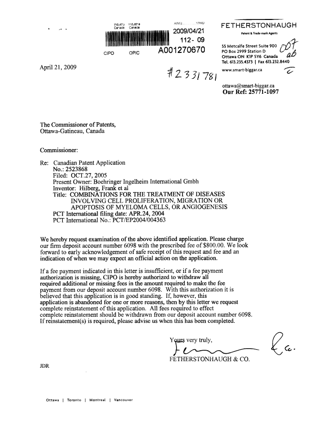 Document de brevet canadien 2523868. Poursuite-Amendment 20090421. Image 1 de 1