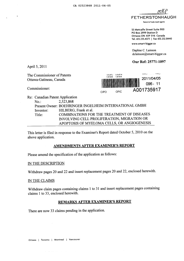 Document de brevet canadien 2523868. Poursuite-Amendment 20110405. Image 1 de 12