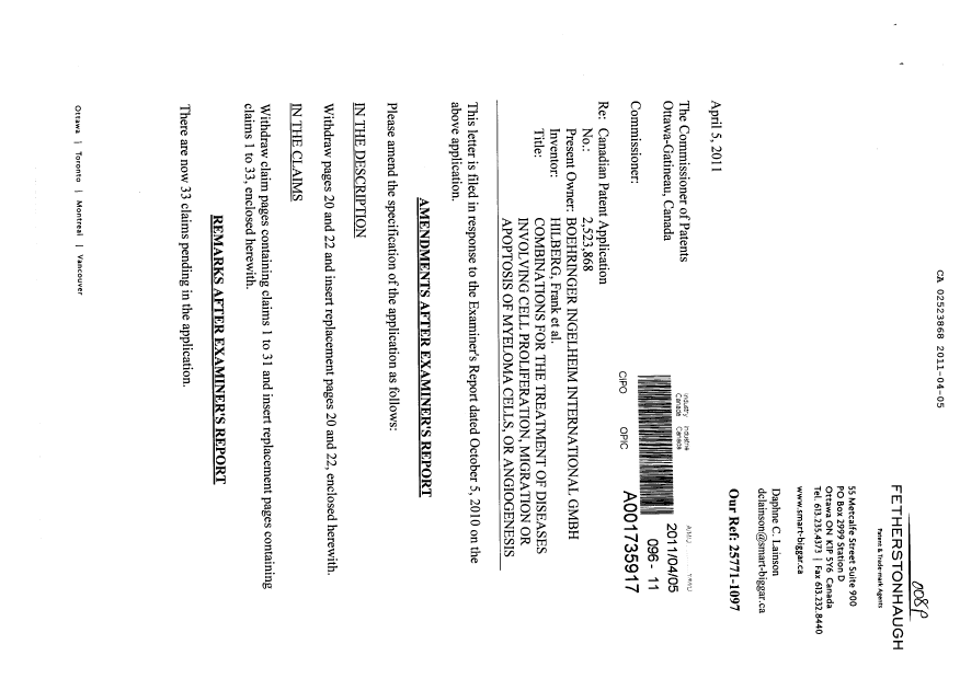 Canadian Patent Document 2523868. Prosecution-Amendment 20110405. Image 1 of 12