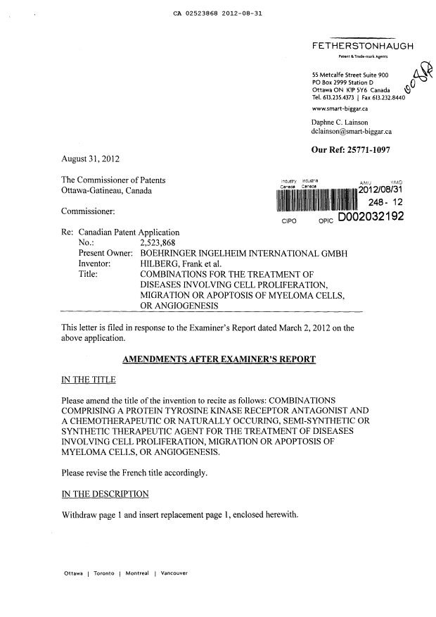 Document de brevet canadien 2523868. Poursuite-Amendment 20120831. Image 1 de 5