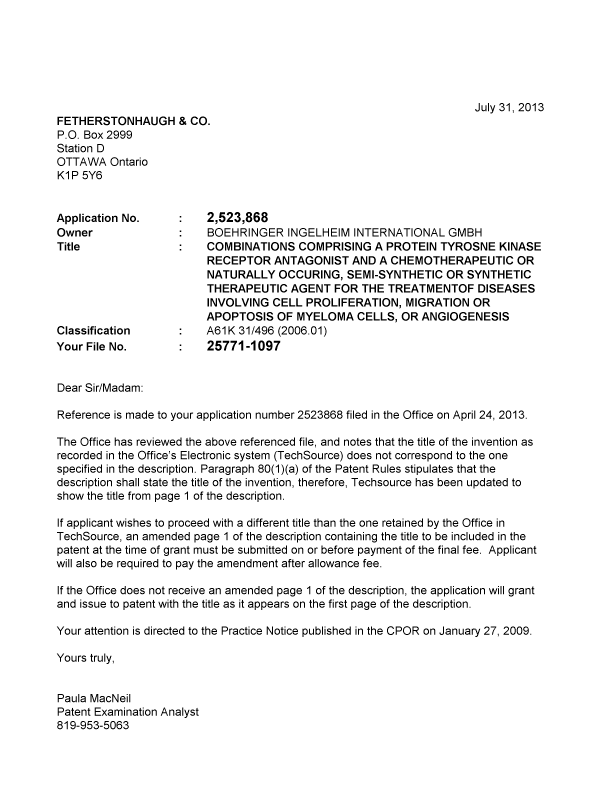 Document de brevet canadien 2523868. Correspondance 20130731. Image 1 de 1