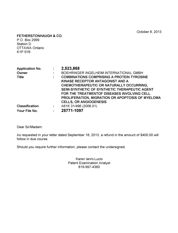 Document de brevet canadien 2523868. Correspondance 20131008. Image 1 de 1