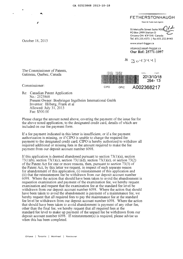 Document de brevet canadien 2523868. Correspondance 20131018. Image 1 de 2