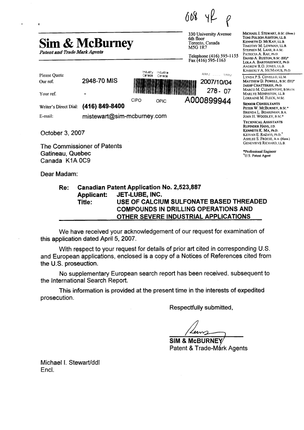 Canadian Patent Document 2523887. Prosecution-Amendment 20071004. Image 1 of 1