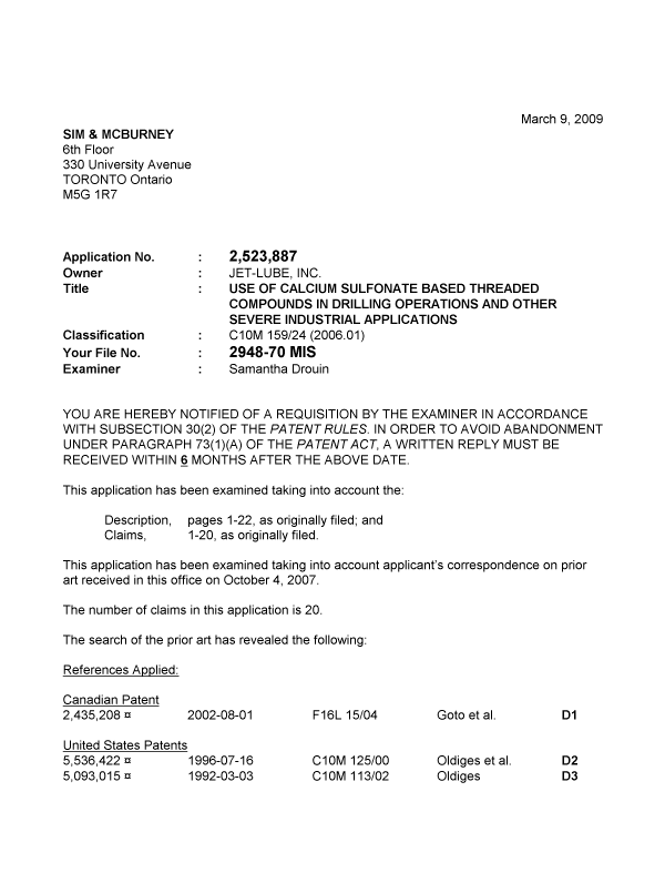 Canadian Patent Document 2523887. Prosecution-Amendment 20090309. Image 1 of 4