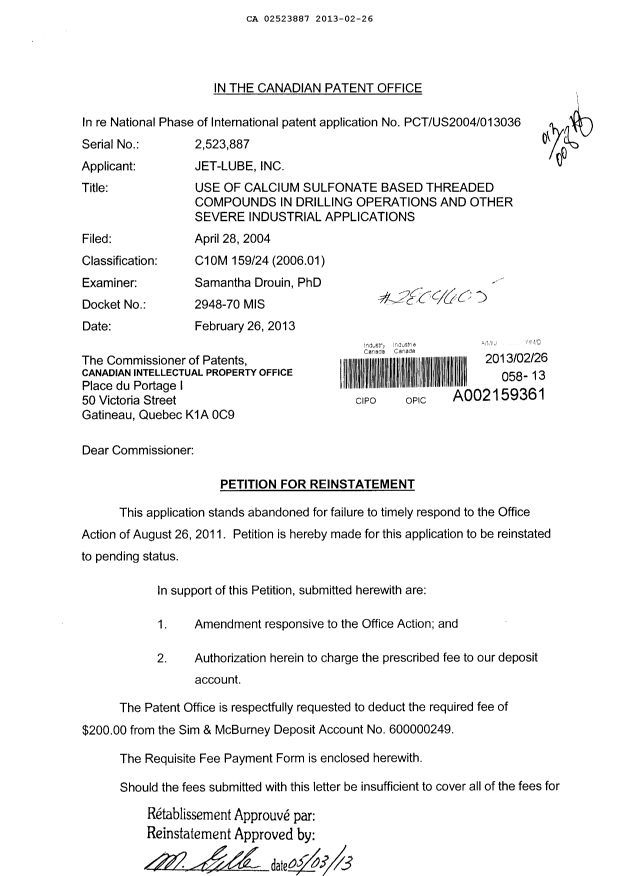 Canadian Patent Document 2523887. Prosecution-Amendment 20130226. Image 1 of 10