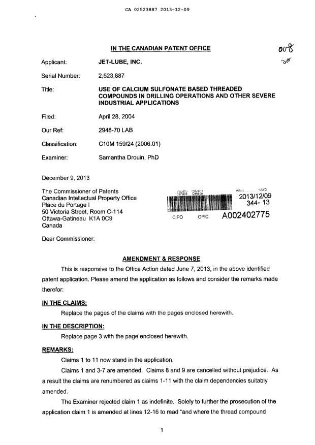 Canadian Patent Document 2523887. Prosecution-Amendment 20131209. Image 1 of 5