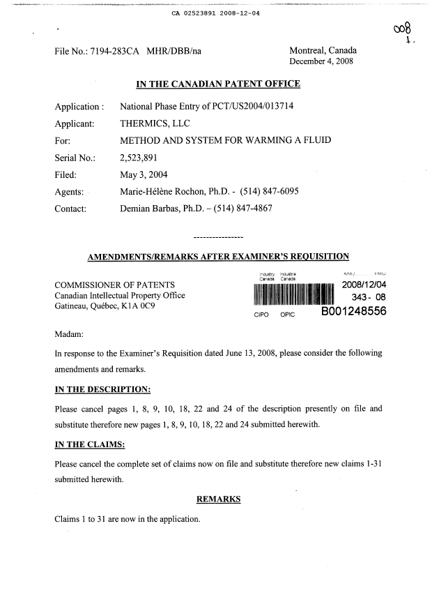 Canadian Patent Document 2523891. Prosecution-Amendment 20081204. Image 1 of 16
