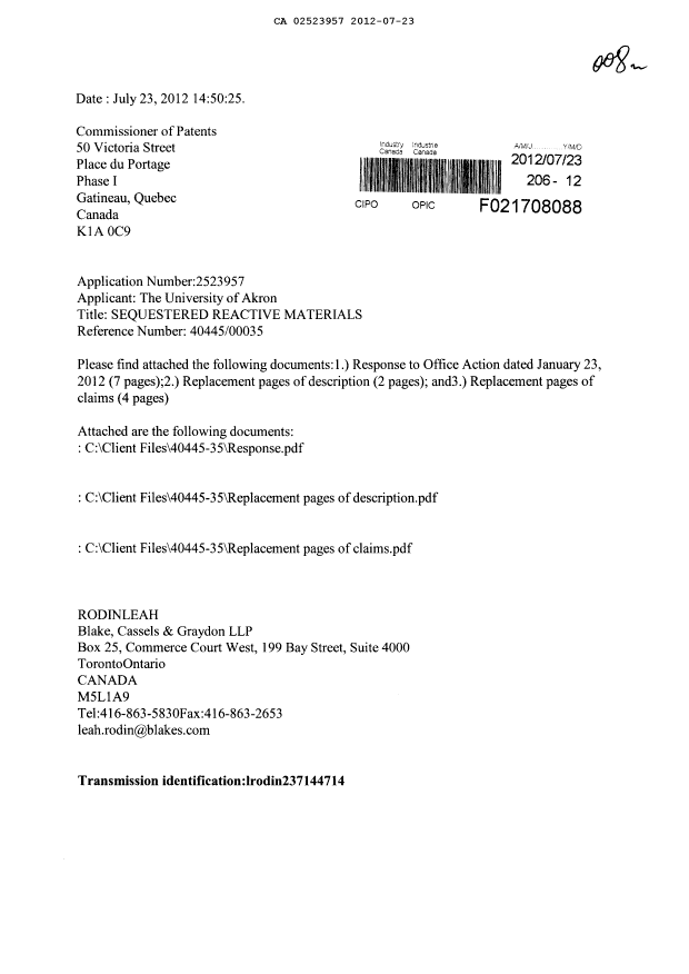 Document de brevet canadien 2523957. Poursuite-Amendment 20120723. Image 1 de 14