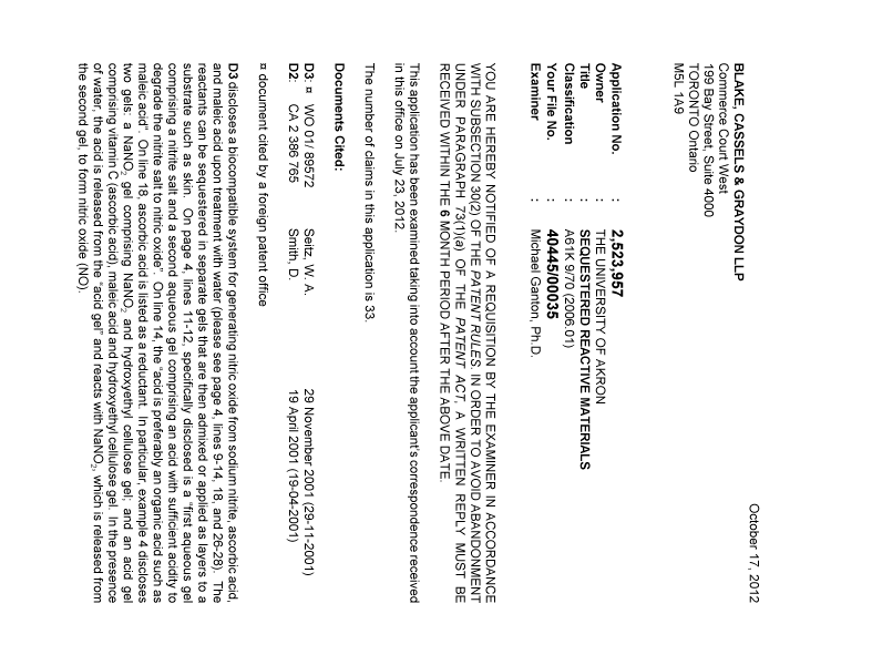 Canadian Patent Document 2523957. Prosecution-Amendment 20121017. Image 1 of 5