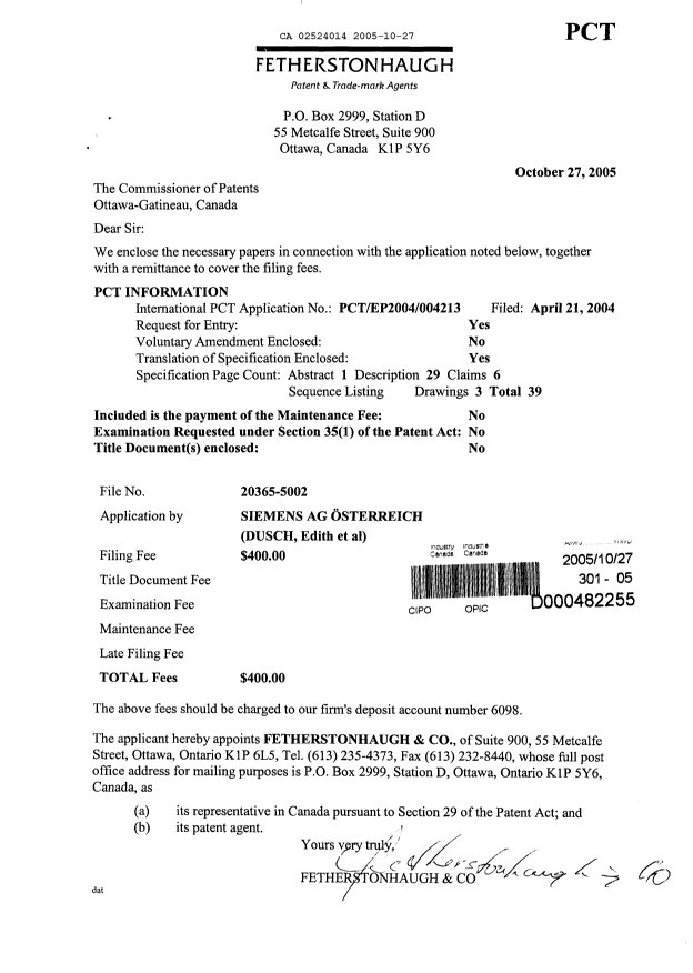 Document de brevet canadien 2524014. Cession 20051027. Image 1 de 2