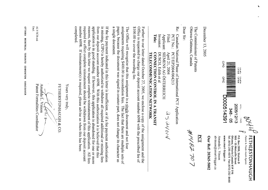 Canadian Patent Document 2524014. Assignment 20051213. Image 1 of 5