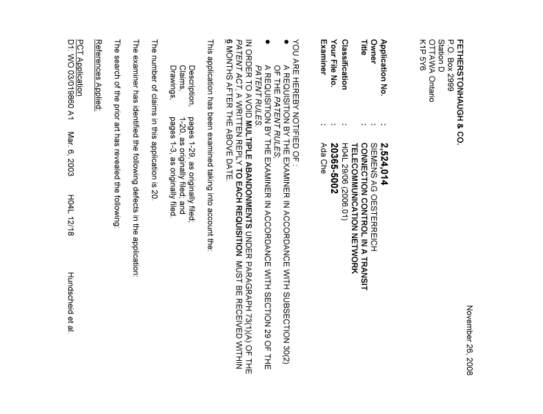 Canadian Patent Document 2524014. Prosecution-Amendment 20081126. Image 1 of 4