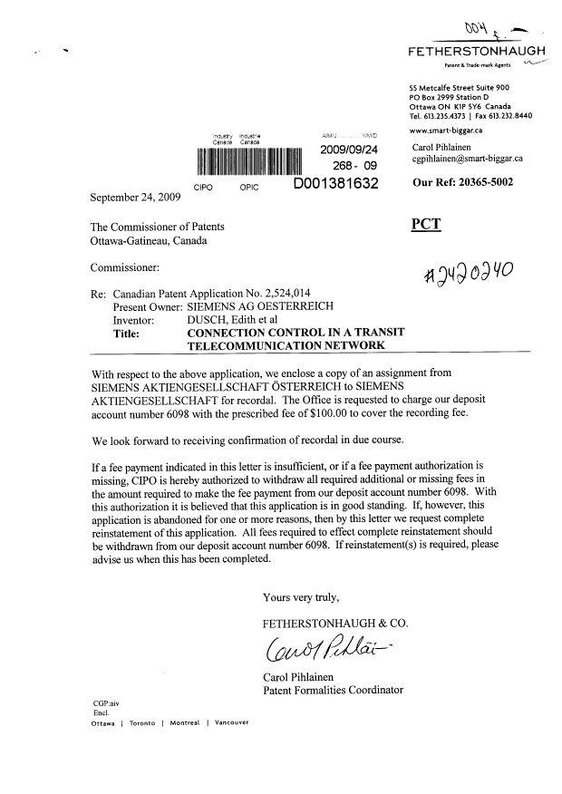 Canadian Patent Document 2524014. Assignment 20090924. Image 1 of 2