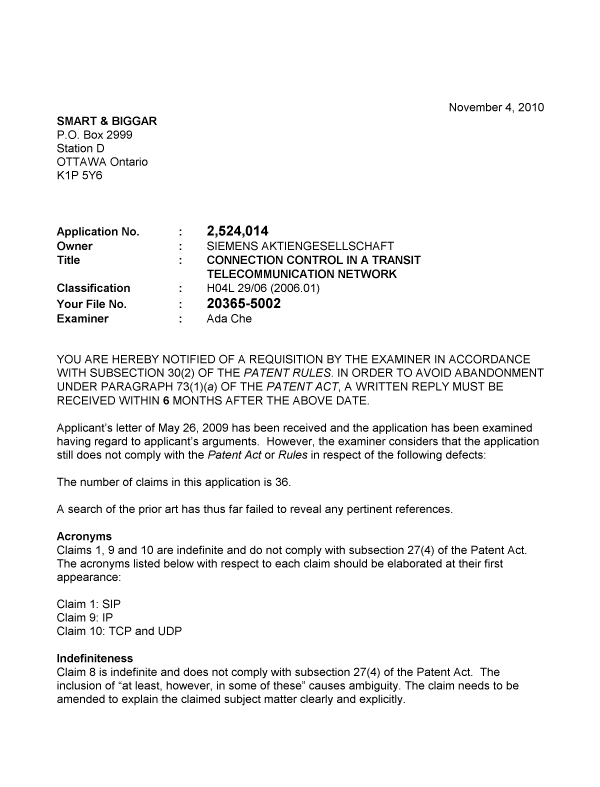 Document de brevet canadien 2524014. Poursuite-Amendment 20101104. Image 1 de 2