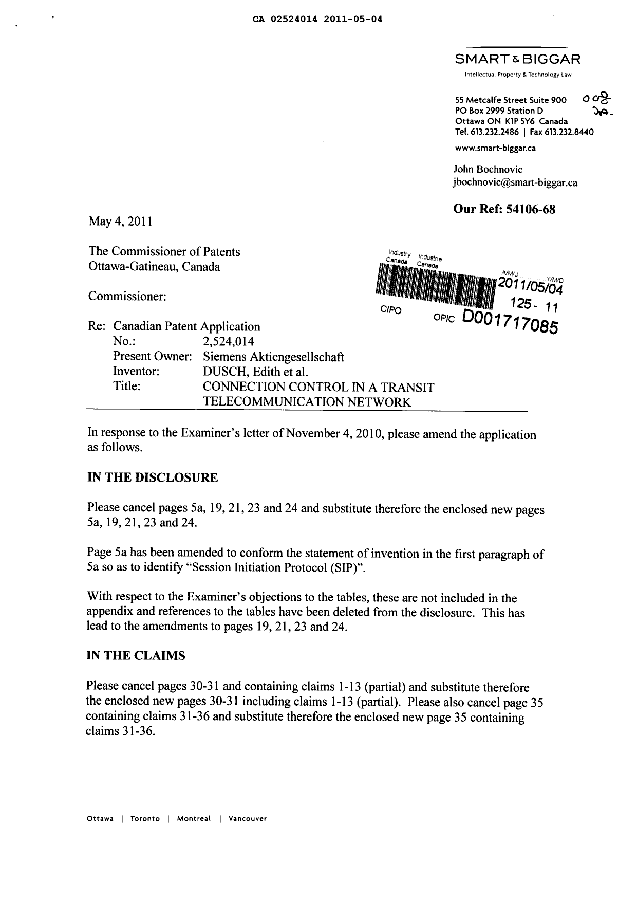 Canadian Patent Document 2524014. Prosecution-Amendment 20110504. Image 1 of 10