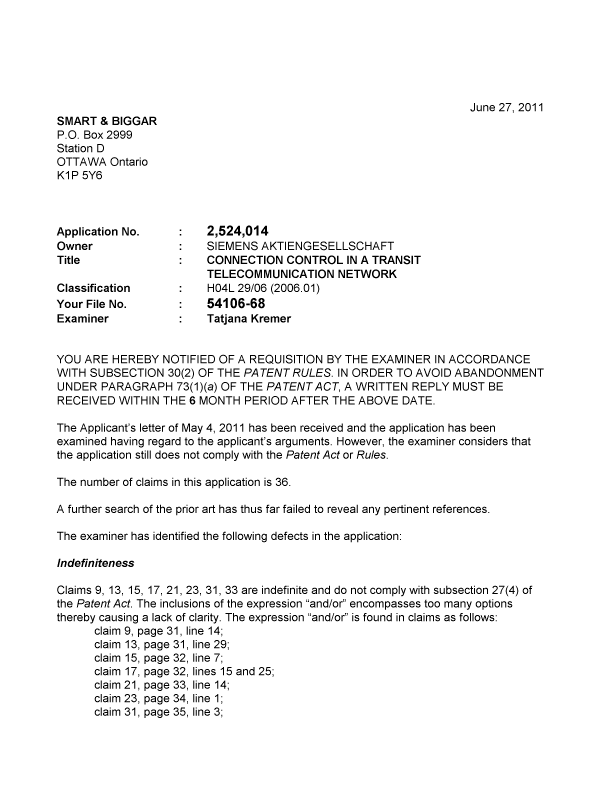 Document de brevet canadien 2524014. Poursuite-Amendment 20110627. Image 1 de 2