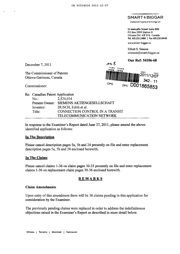 Document de brevet canadien 2524014. Poursuite-Amendment 20111207. Image 1 de 13