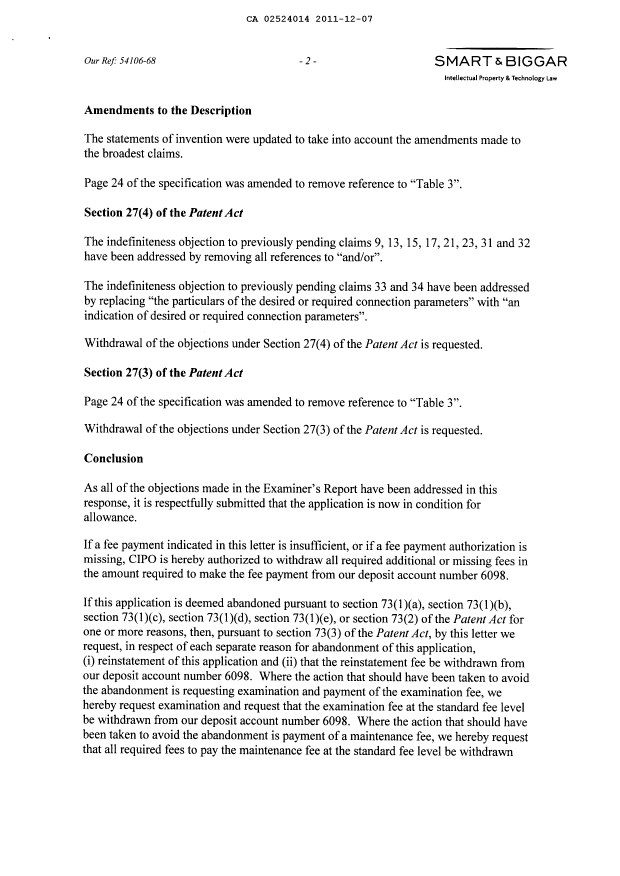 Canadian Patent Document 2524014. Prosecution-Amendment 20111207. Image 2 of 13