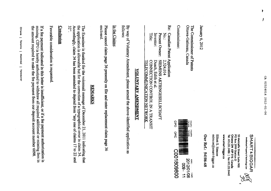 Canadian Patent Document 2524014. Prosecution-Amendment 20120106. Image 1 of 3
