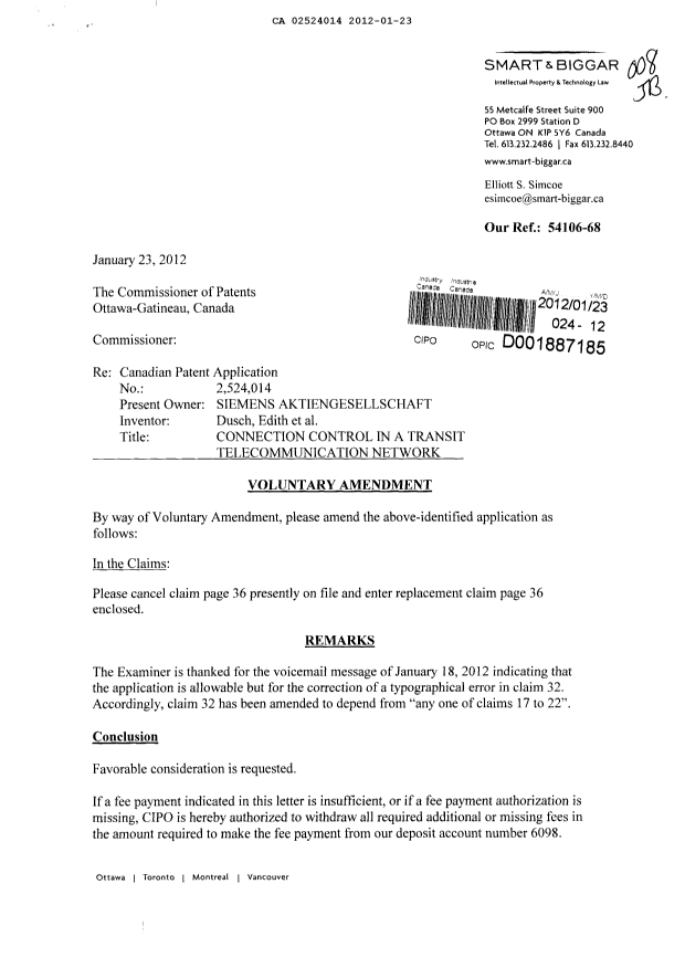 Canadian Patent Document 2524014. Prosecution-Amendment 20120123. Image 1 of 3