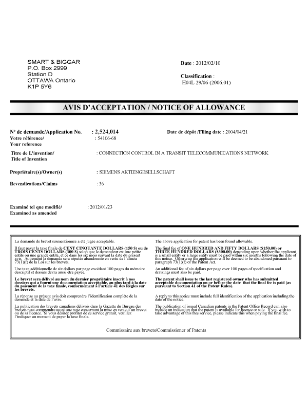 Document de brevet canadien 2524014. Correspondance 20120210. Image 1 de 1