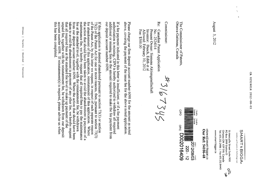 Canadian Patent Document 2524014. Correspondence 20120803. Image 1 of 2