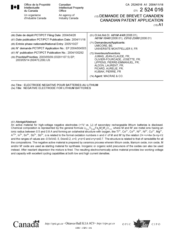 Document de brevet canadien 2524016. Page couverture 20060117. Image 1 de 1