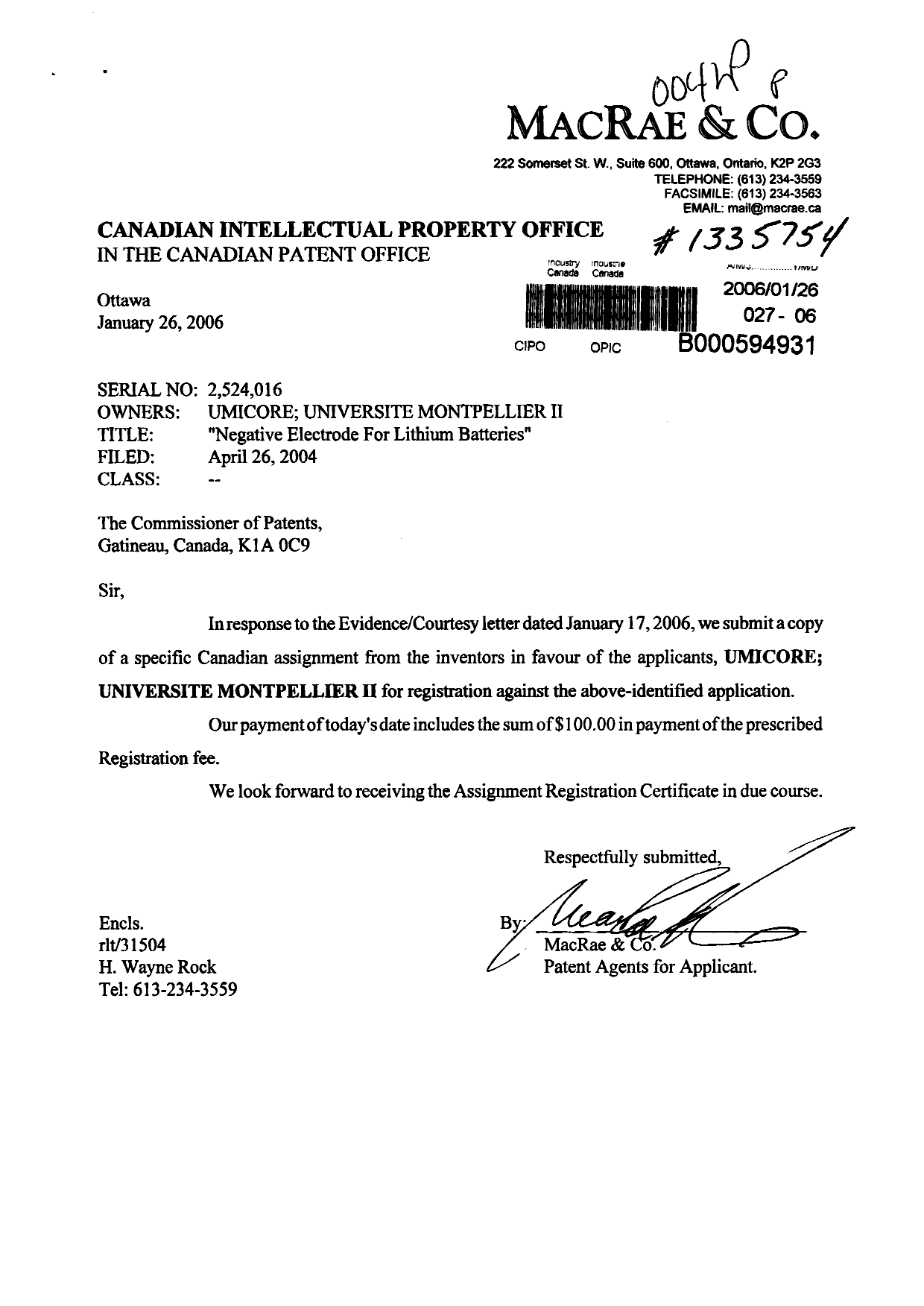 Canadian Patent Document 2524016. Assignment 20060126. Image 1 of 2