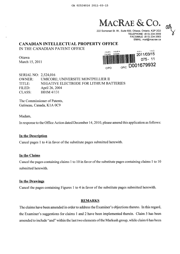 Document de brevet canadien 2524016. Poursuite-Amendment 20110315. Image 1 de 12