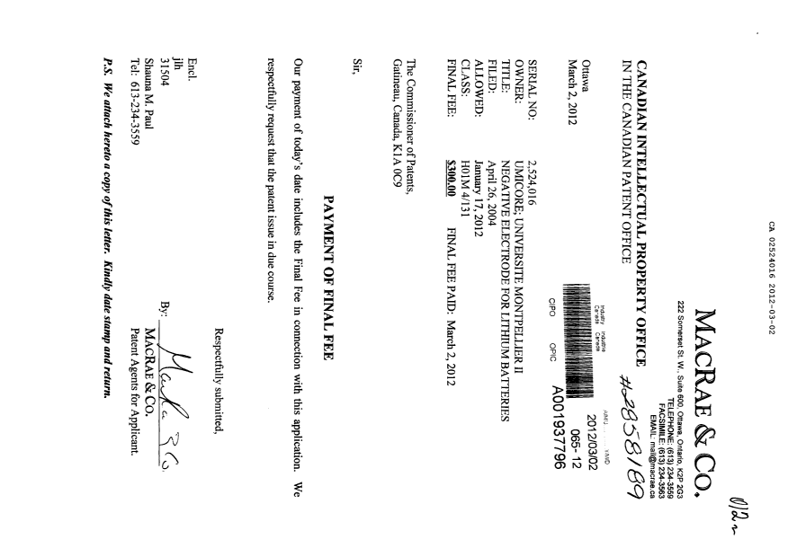 Canadian Patent Document 2524016. Correspondence 20120302. Image 1 of 1