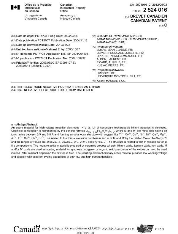 Document de brevet canadien 2524016. Page couverture 20120430. Image 1 de 1