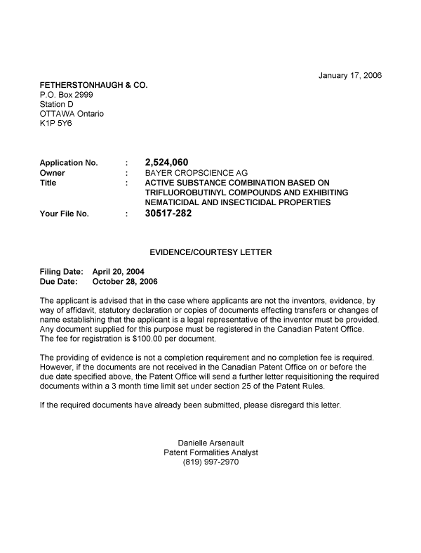 Document de brevet canadien 2524060. Correspondance 20060110. Image 1 de 1