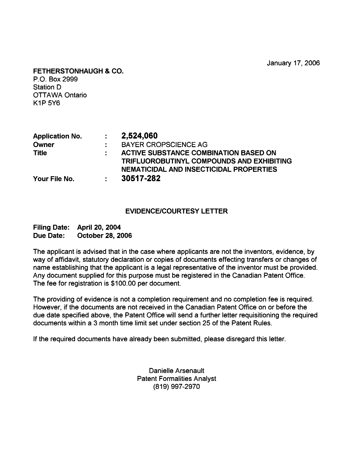 Canadian Patent Document 2524060. Correspondence 20060110. Image 1 of 1