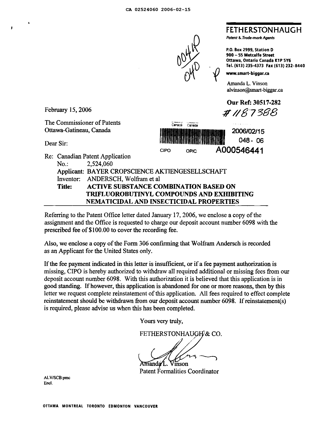 Document de brevet canadien 2524060. Correspondance 20060215. Image 1 de 2